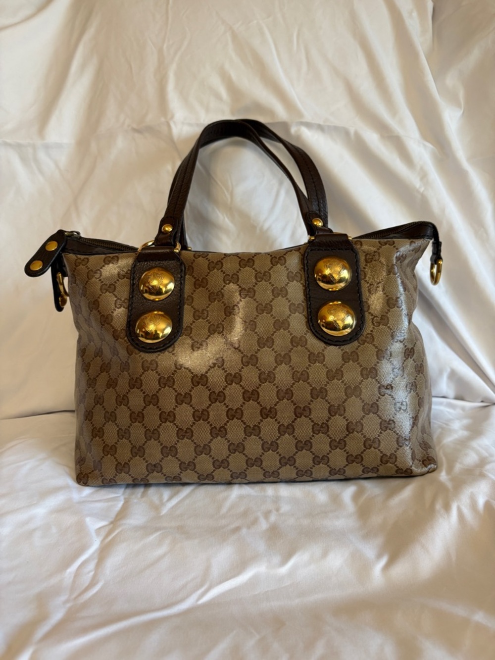 Gucci Brown Monogram Tote with Gold Accents